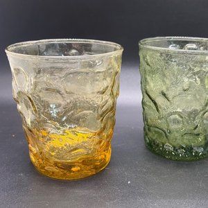(2) Anchor Hocking Milano Crinkle Honey Gold Amber & Green 7oz Short Rocks Glass